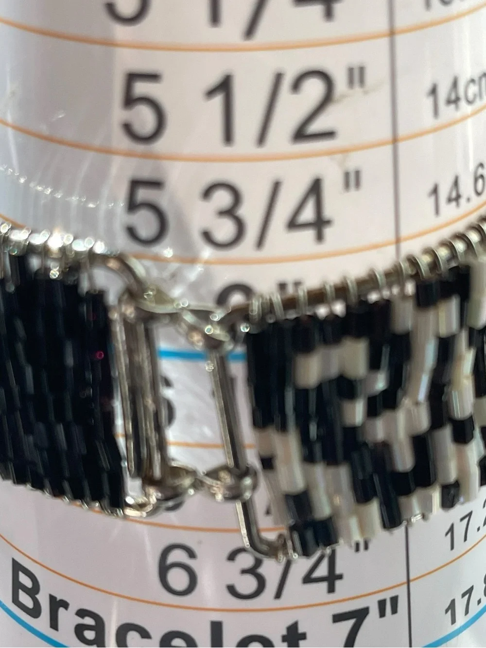 Black White Seed Bead Geometric Panel Bracelet w Toggle Closure